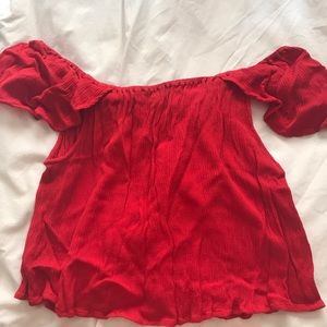 Red gauze off shoulder crop